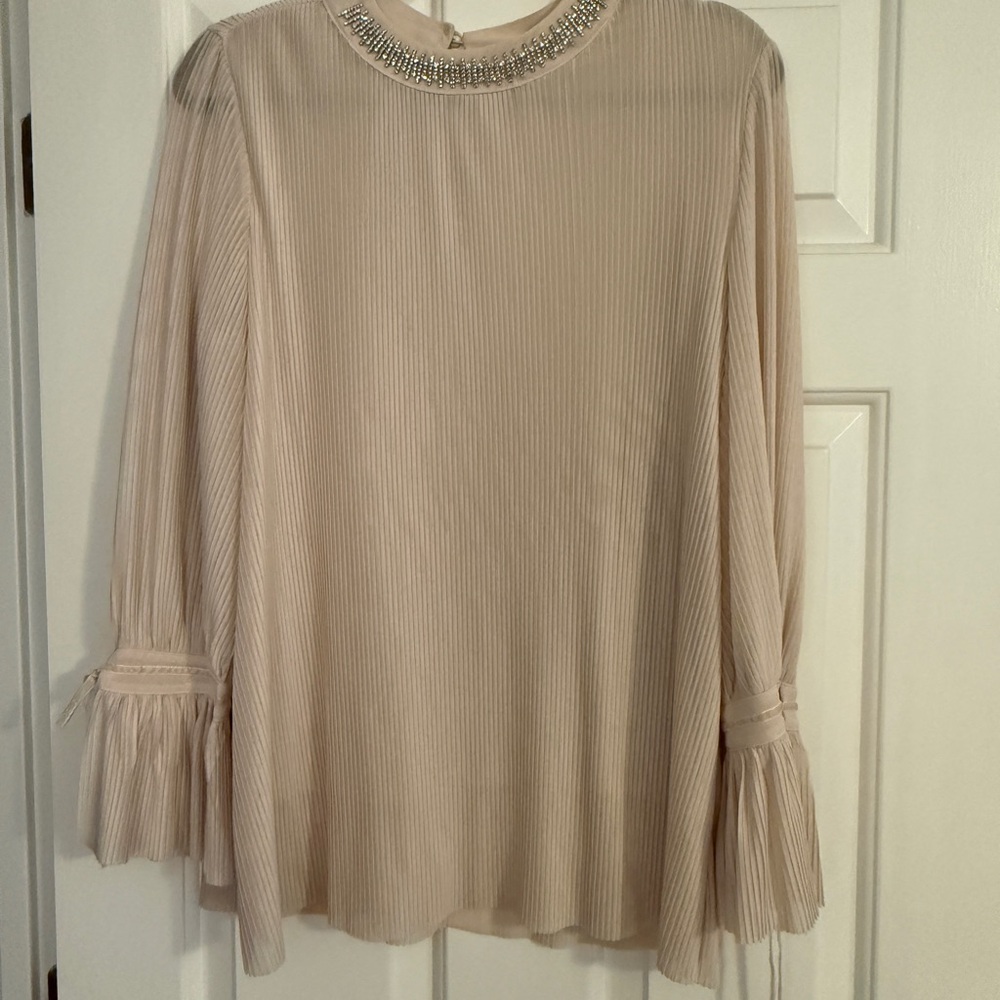 Alfani Cream Pleated Blouse with Embellished Neckline